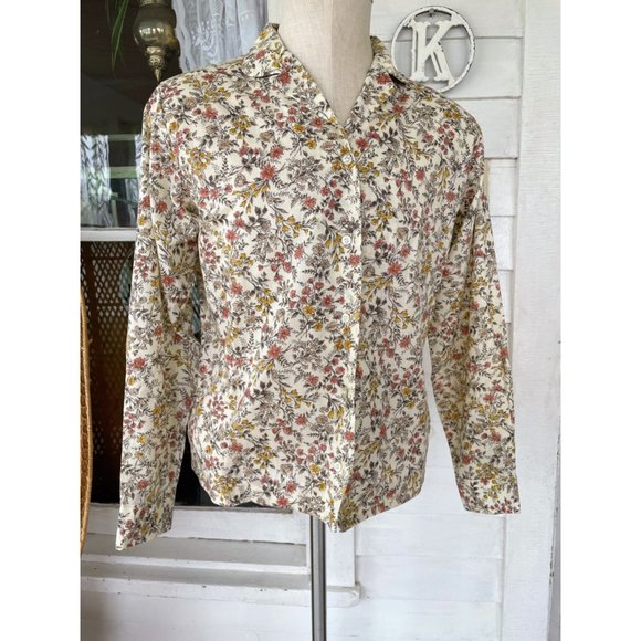 Vintage 1960s Womens Beige Floral Button Blouse Cotton blend Size Large - Picture 13 of 16